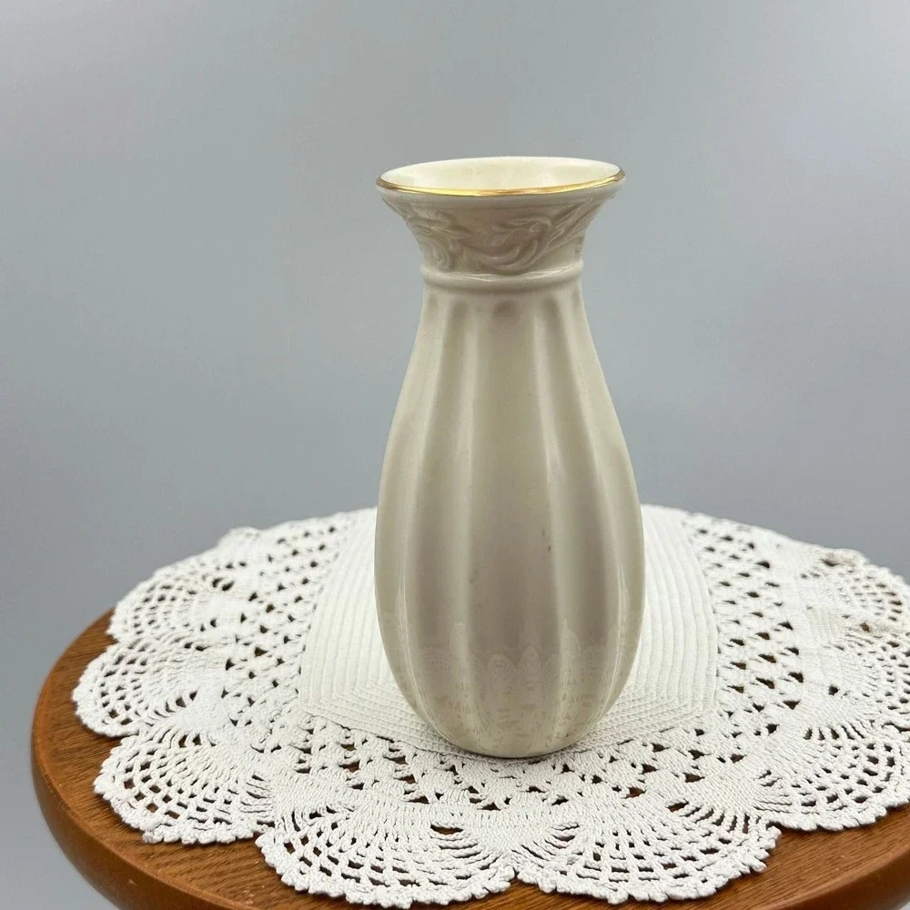 Lenox Ivory China Bud Vase Fluted Floral Relief Gold Trim Cream Small 5